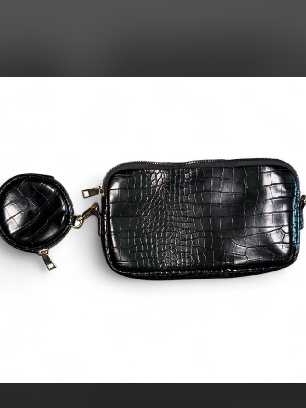 Black Croc-Embossed Leather Wristlet Pouch with Coin Case